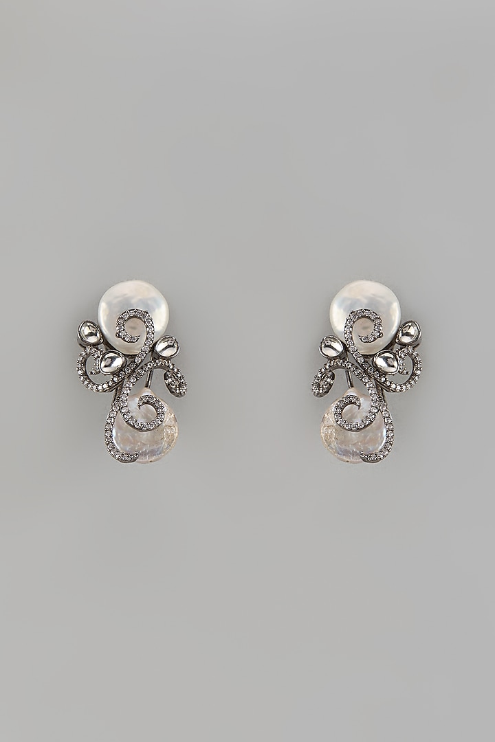 White Finish Baroque Pearl & Cubic Zirconium Stud Earrings by Rohita and Deepa at Pernia's Pop Up Shop