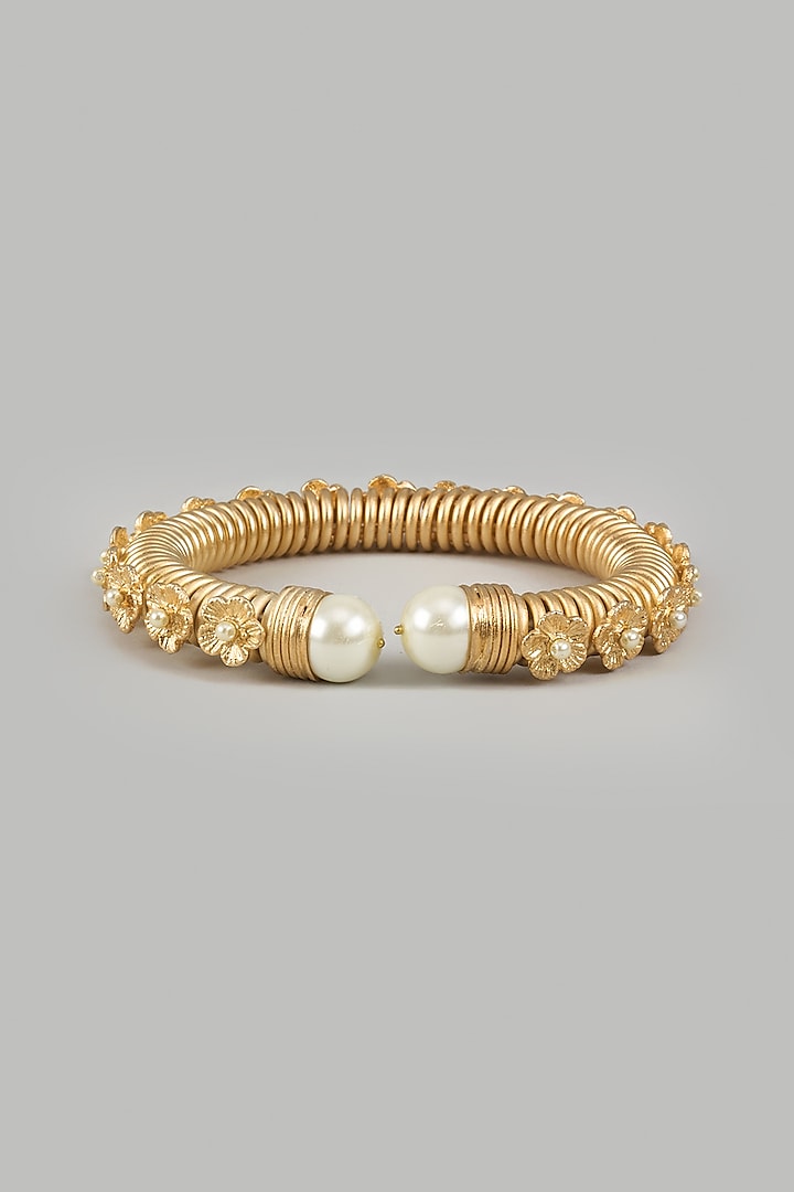 Gold Finish Pearl Knob & Floral Motifs Bracelet by Rohita and Deepa at Pernia's Pop Up Shop