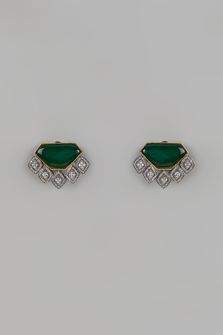 White Finish Doublet Green Stone & Cubic Zirconium Stud Earrings by Rohita and Deepa at Pernia's Pop Up Shop