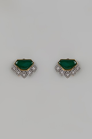 White Finish Doublet Green Stone & Cubic Zirconium Stud Earrings by Rohita and Deepa