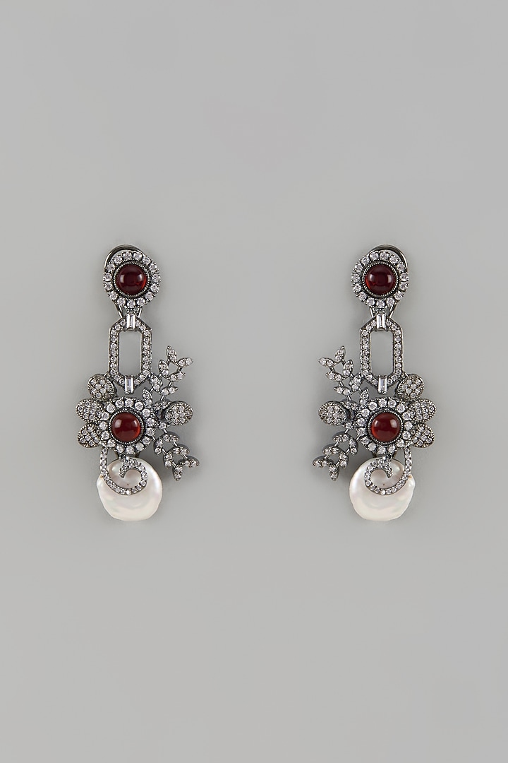 White Finish Red Stone & Cubic Zirconium Dangler Earrings by Rohita and Deepa at Pernia's Pop Up Shop