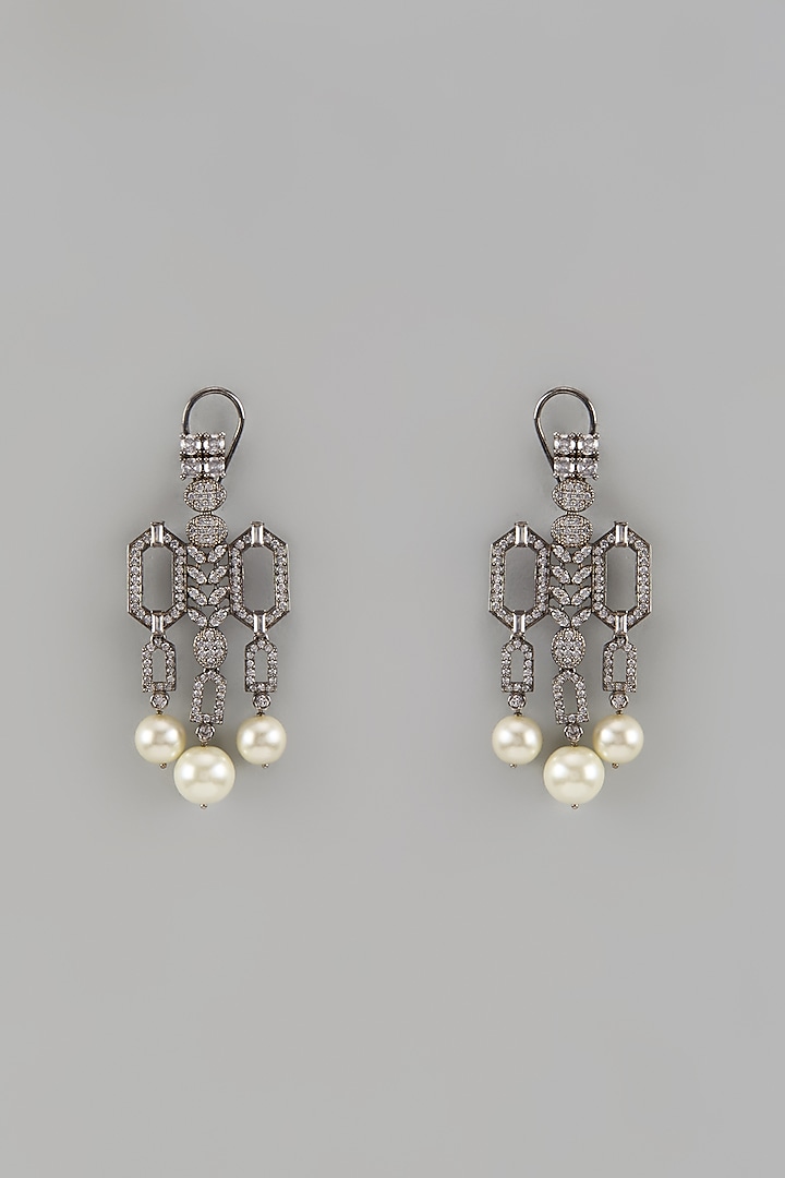 White Finish Round Shell Pearl & Cubic Zirconium Dangler Earrings by Rohita and Deepa at Pernia's Pop Up Shop