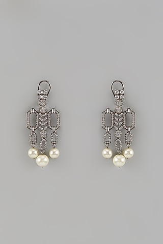 White Finish Round Shell Pearl & Cubic Zirconium Dangler Earrings by Rohita and Deepa