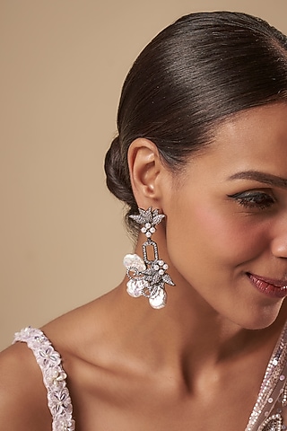 Black Rhodium Finish Baroque Pearl & Cubic Zirconium Dangler Earrings by Rohita and Deepa