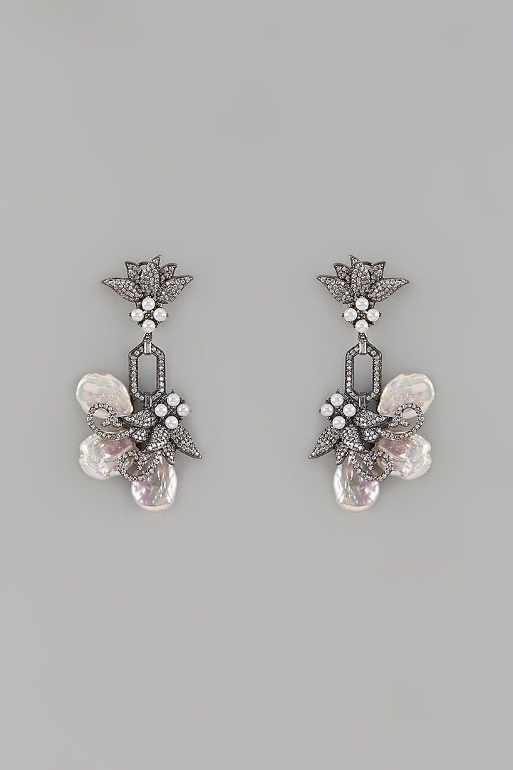 Black Rhodium Finish Baroque Pearl & Cubic Zirconium Dangler Earrings by Rohita and Deepa at Pernia's Pop Up Shop