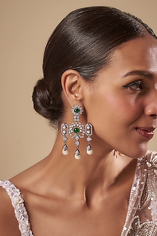 Black Rhodium Finish Green Synthetic Stone & Cubic Zirconium Dangler Earrings by Rohita and Deepa