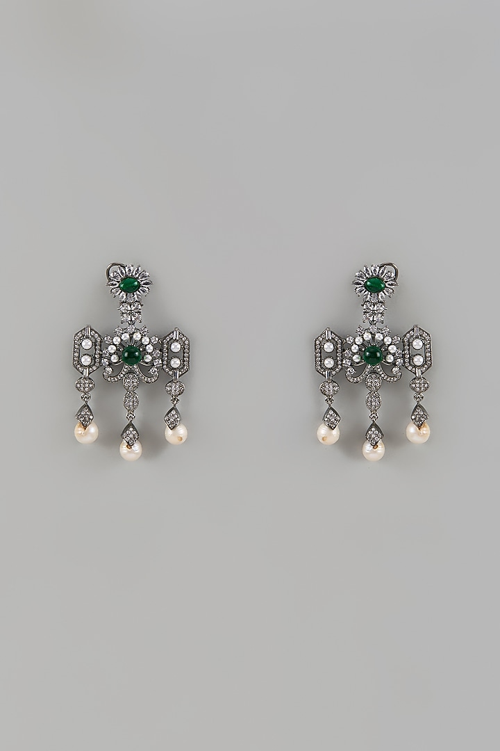 Black Rhodium Finish Green Synthetic Stone & Cubic Zirconium Dangler Earrings by Rohita and Deepa at Pernia's Pop Up Shop