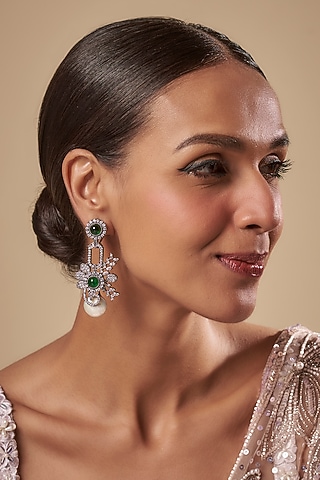 White Finish Green Stone & Cubic Zirconium Dangler Earrings by Rohita and Deepa