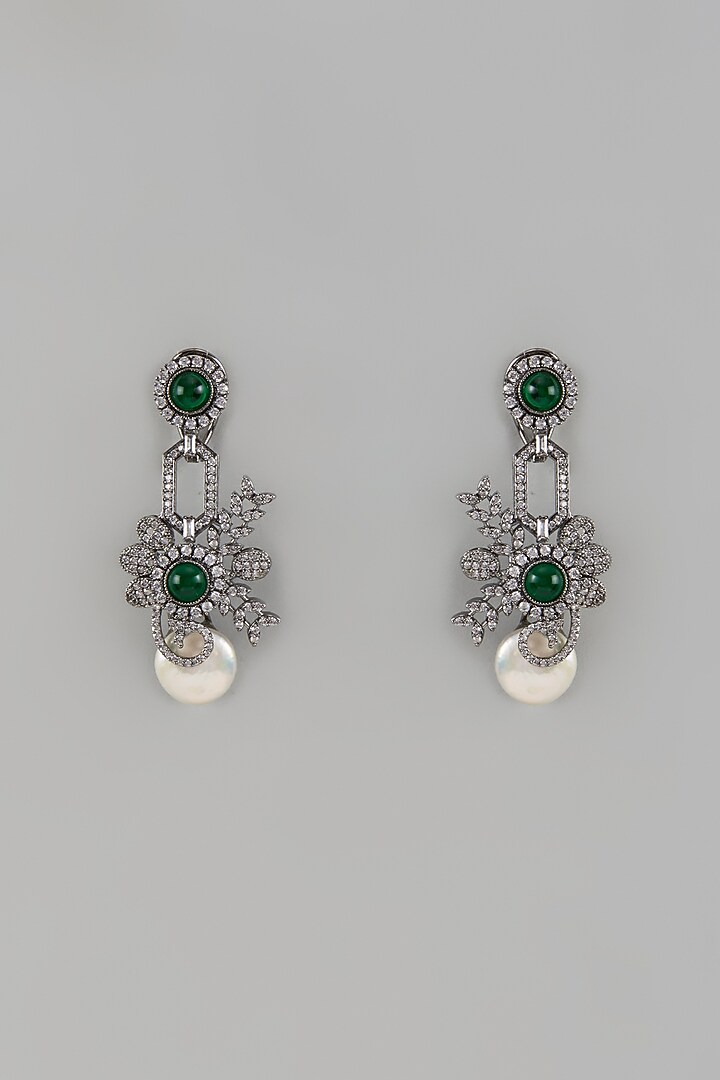 White Finish Green Stone & Cubic Zirconium Dangler Earrings by Rohita and Deepa at Pernia's Pop Up Shop