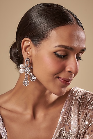 Black Rhodium Finish Baroque Pearl & Cubic Zirconium Dangler Earrings by Rohita and Deepa