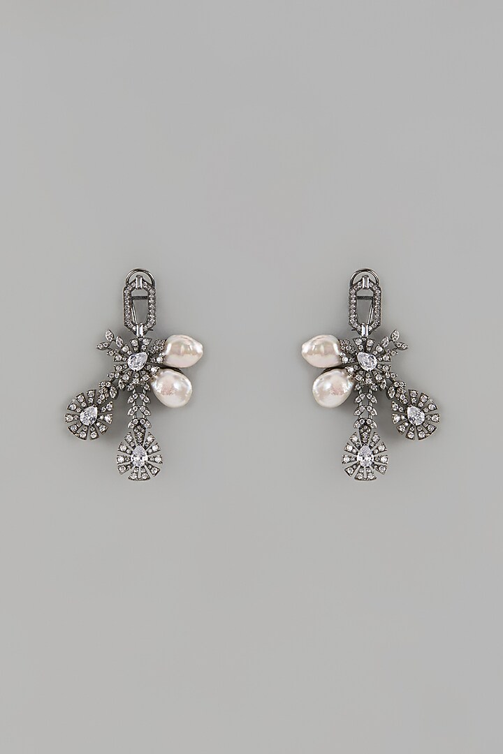 Black Rhodium Finish Baroque Pearl & Cubic Zirconium Dangler Earrings by Rohita and Deepa at Pernia's Pop Up Shop