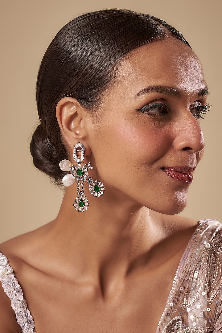 Black Rhodium Finish Green Stone & Cubic Zirconium Dangler Earrings by Rohita and Deepa at Pernia's Pop Up Shop