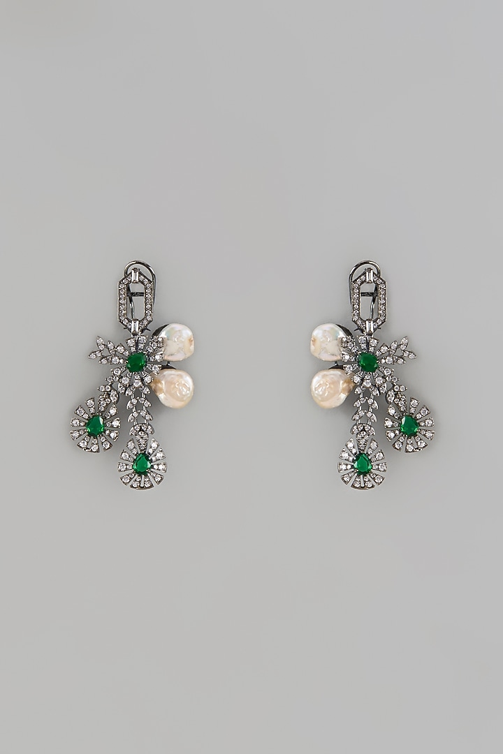 Black Rhodium Finish Green Stone & Cubic Zirconium Dangler Earrings by Rohita and Deepa at Pernia's Pop Up Shop