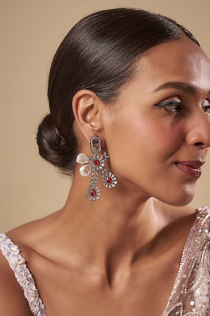 Black Rhodium Finish Red Stone & Cubic Zirconium Dangler Earrings by Rohita and Deepa at Pernia's Pop Up Shop