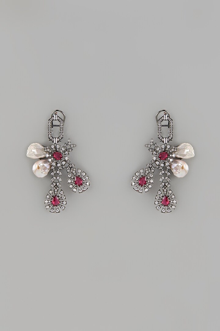 Black Rhodium Finish Red Stone & Cubic Zirconium Dangler Earrings by Rohita and Deepa at Pernia's Pop Up Shop