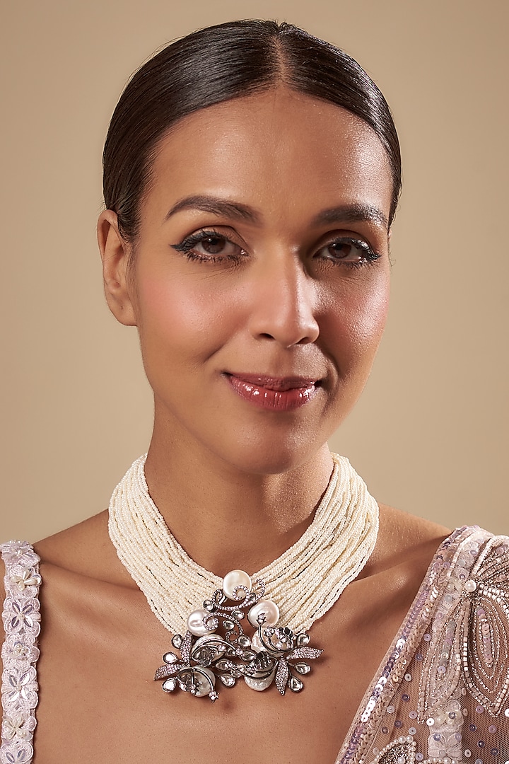 Black Rhodium Finish Baby Pearl & Cubic Zirconium Necklace by Rohita and Deepa at Pernia's Pop Up Shop