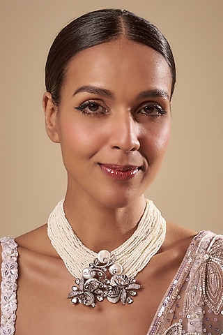 Black Rhodium Finish Baby Pearl & Cubic Zirconium Necklace by Rohita and Deepa