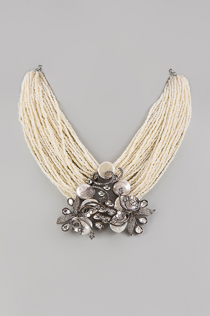 Black Rhodium Finish Baby Pearl & Cubic Zirconium Necklace by Rohita and Deepa at Pernia's Pop Up Shop
