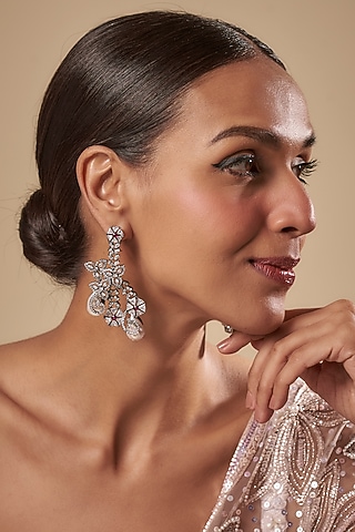 Black Rhodium Finish Baroque Pearl & Cubic Zirconium Dangler Earrings by Rohita and Deepa