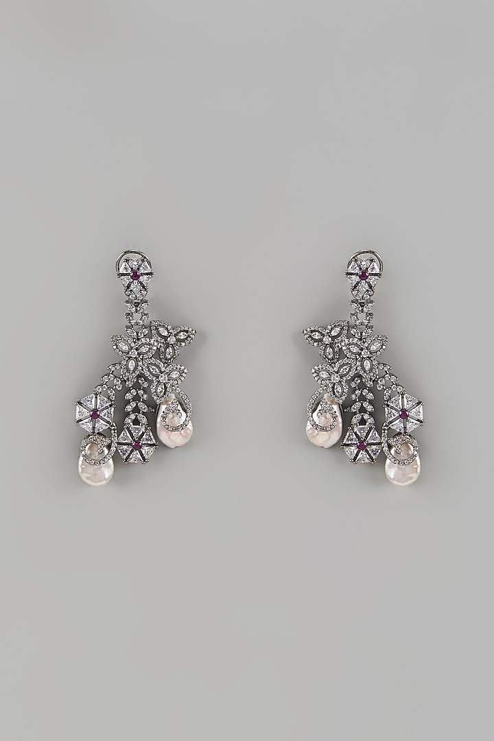 Black Rhodium Finish Baroque Pearl & Cubic Zirconium Dangler Earrings by Rohita and Deepa at Pernia's Pop Up Shop