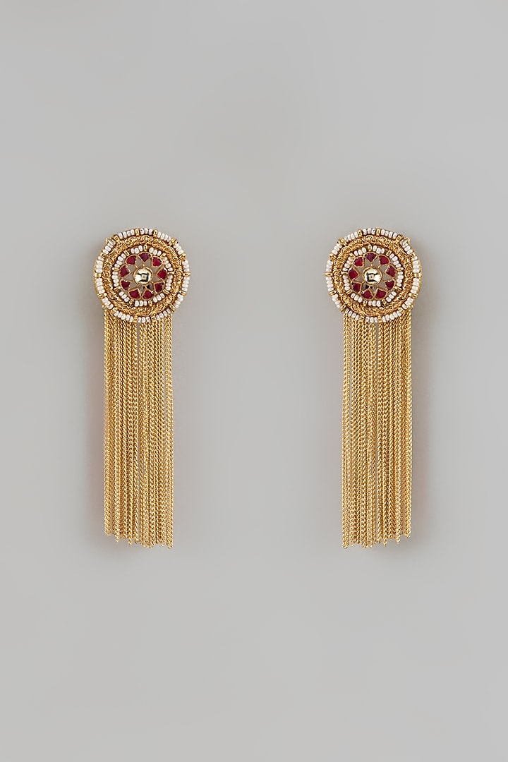 Gold Finish Ruby Stone Dangler Cuff Earrings by Rohita and Deepa at Pernia's Pop Up Shop