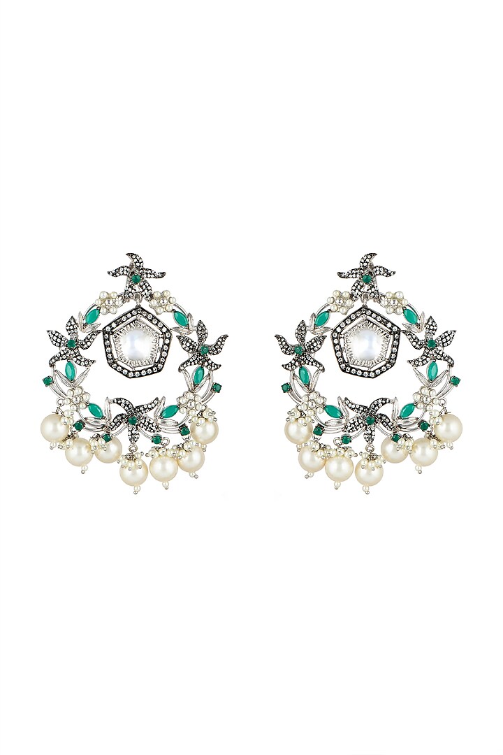 White Finish Kundan Crystal Earrings by Rohita and Deepa