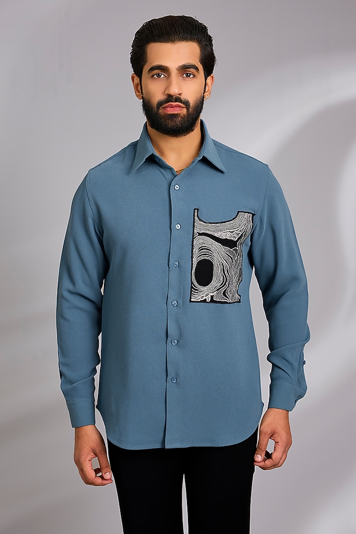 Petrol Blue Lachka & Armani Party Wear Shirt by Rohit Doshi at Pernia's Pop Up Shop