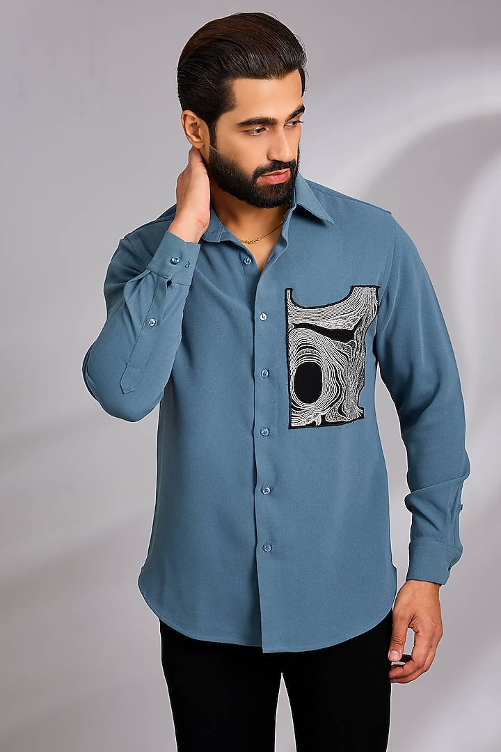 Petrol Blue Lachka & Armani Party Wear Shirt by Rohit Doshi at Pernia's Pop Up Shop