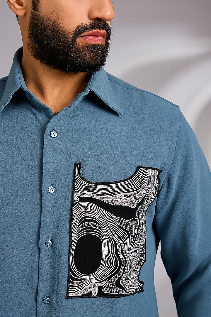 Petrol Blue Lachka & Armani Party Wear Shirt by Rohit Doshi at Pernia's Pop Up Shop