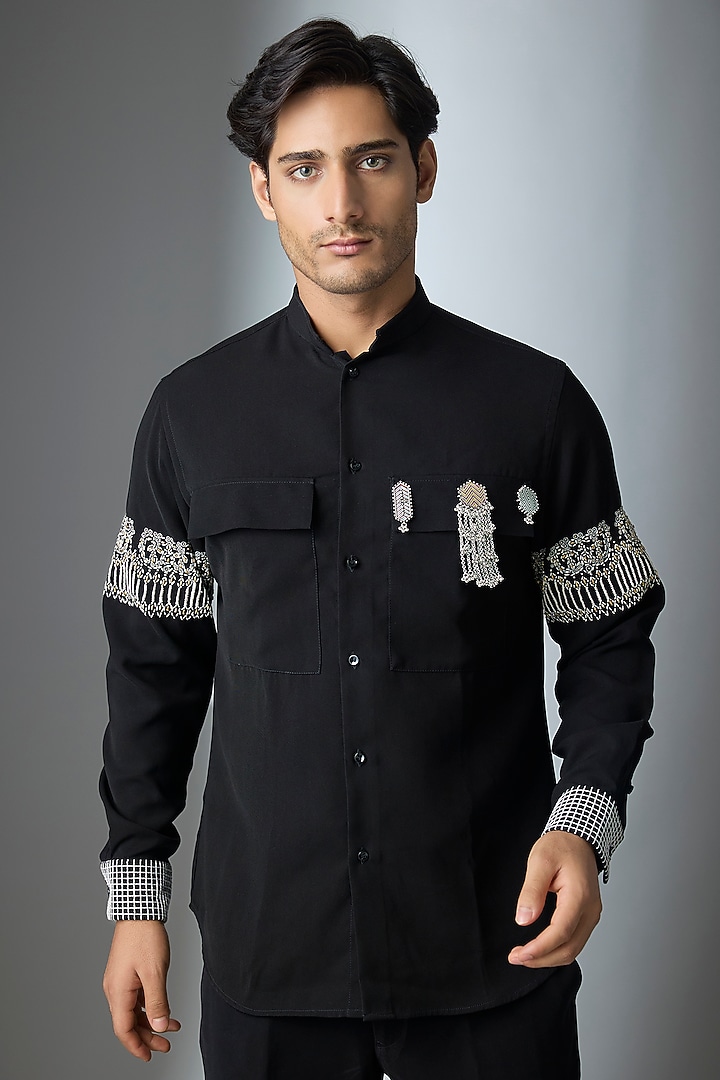 Black Lachka & Armani Party Wear Shirt by Rohit Doshi at Pernia's Pop Up Shop