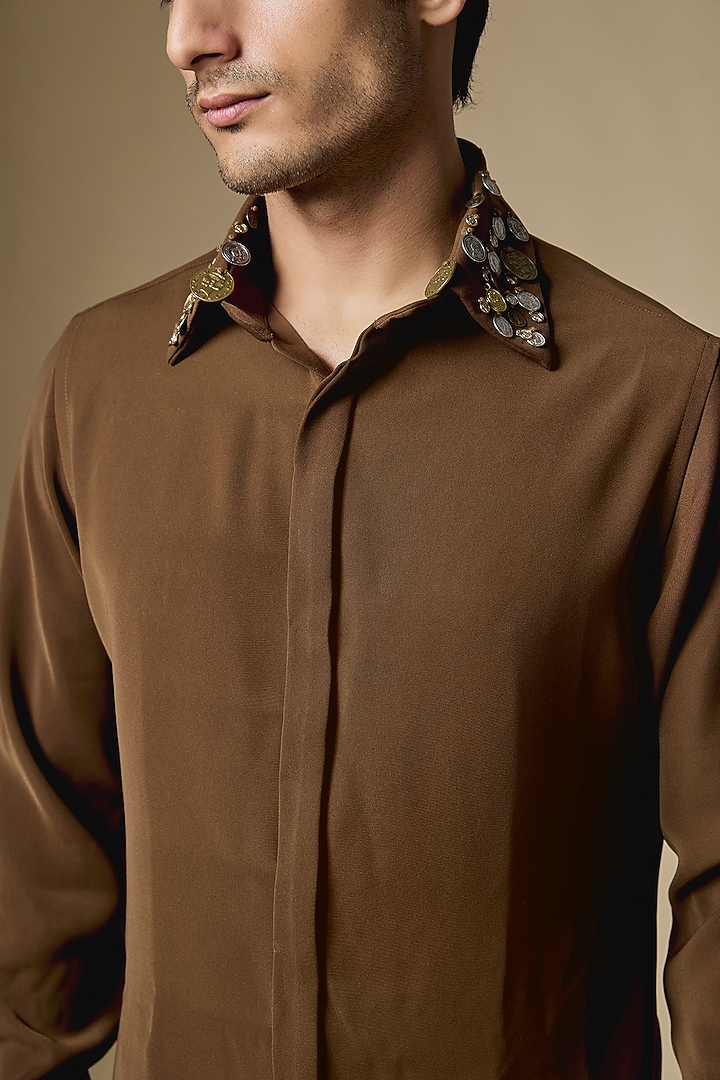 Light Brown Lachka & Armani Fabric Party Wear Shirt by Rohit Doshi at Pernia's Pop Up Shop