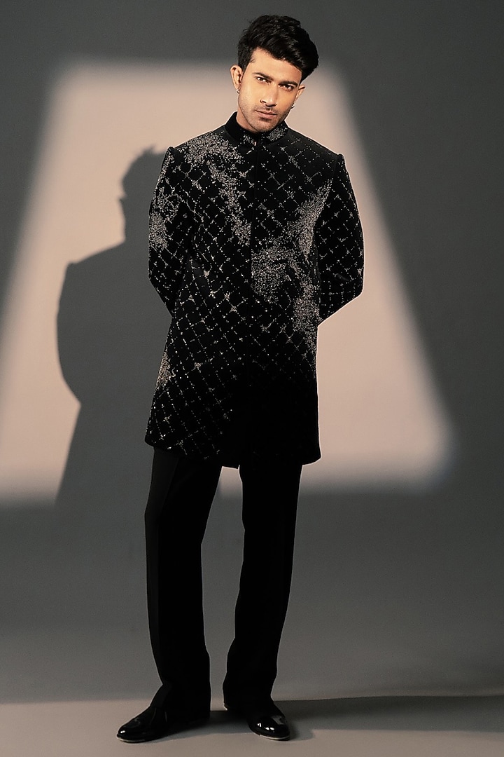 Black Velvet Wedding Indowestern by Rohit Doshi at Pernia's Pop Up Shop
