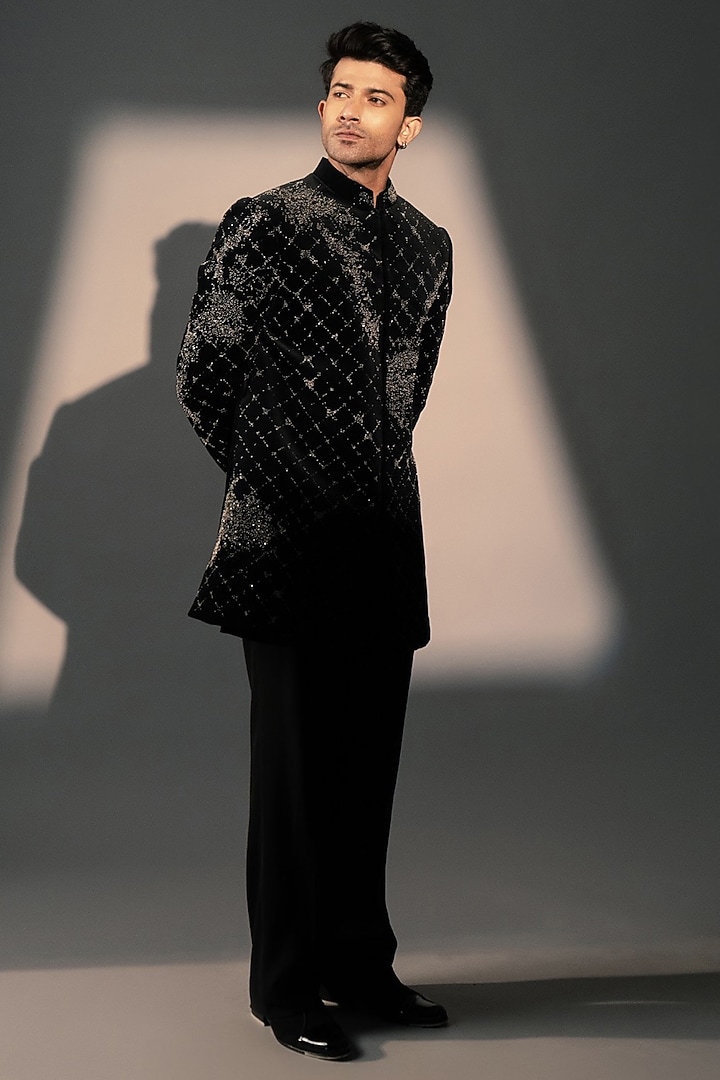 Black Velvet Wedding Indowestern by Rohit Doshi at Pernia's Pop Up Shop