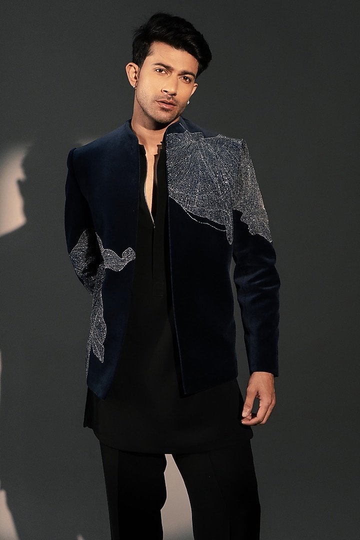 Navy Blue Velvet Jodhpuri by Rohit Doshi at Pernia's Pop Up Shop
