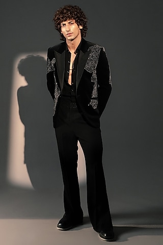 Black Velvet Blazer Set by Rohit Doshi