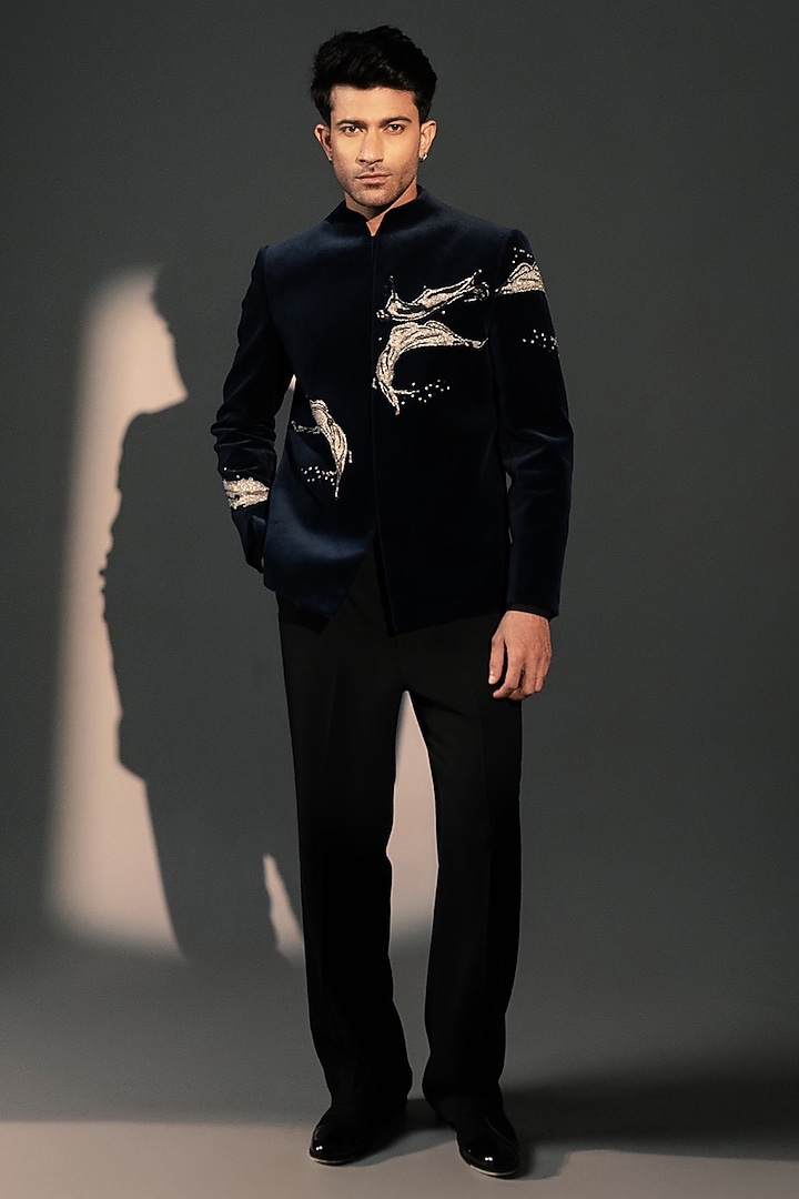 Navy Blue Velvet Jodhpuri by Rohit Doshi at Pernia's Pop Up Shop