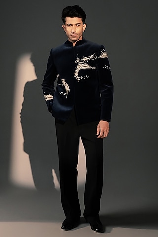 Navy Blue Velvet Jodhpuri by Rohit Doshi
