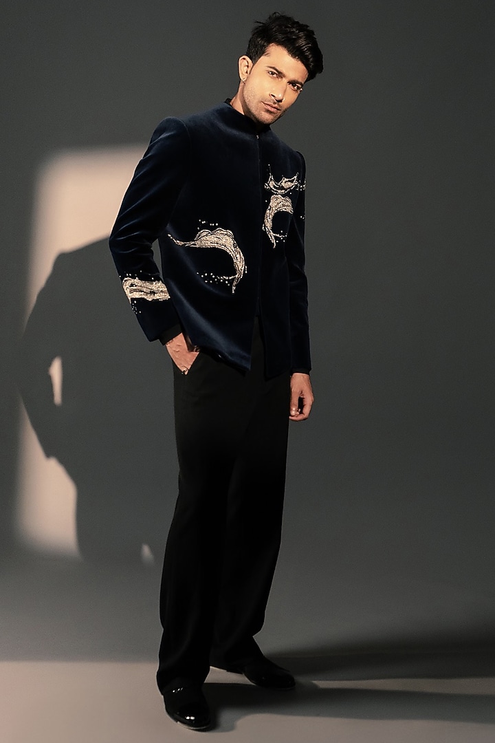Navy Blue Velvet Jodhpuri by Rohit Doshi at Pernia's Pop Up Shop