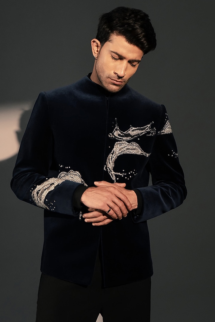 Navy Blue Velvet Jodhpuri by Rohit Doshi at Pernia's Pop Up Shop