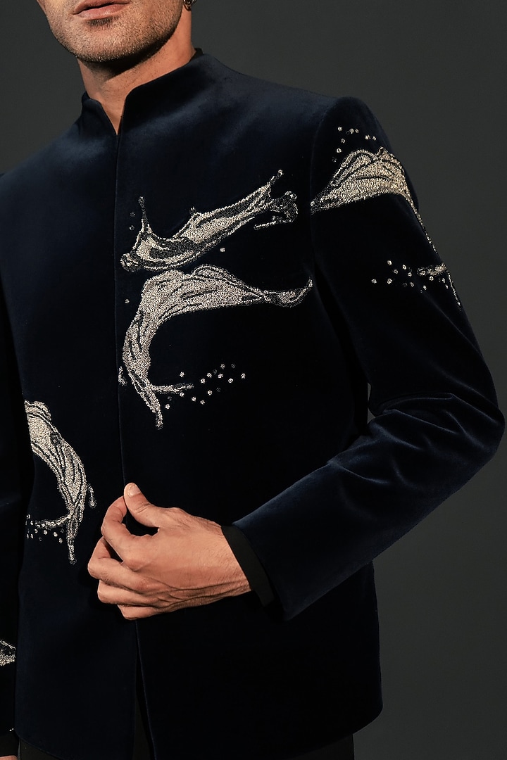 Navy Blue Velvet Jodhpuri by Rohit Doshi at Pernia's Pop Up Shop