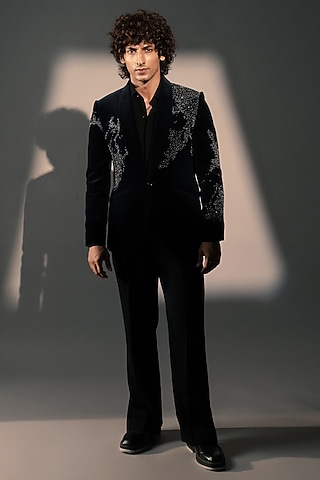 Midnight Blue Velvet Tuxedo by Rohit Doshi