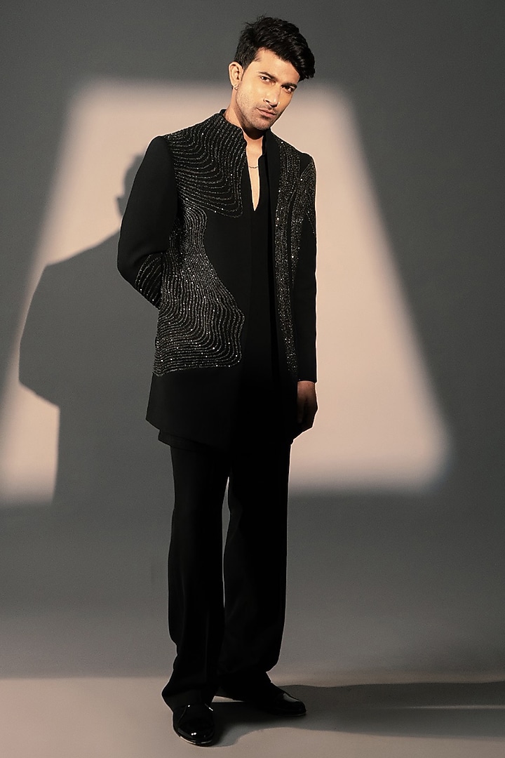 Black Imported Polyester Wedding Indowestern by Rohit Doshi at Pernia's Pop Up Shop