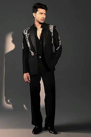 Black Imported Polyester Tuxedo by Rohit Doshi