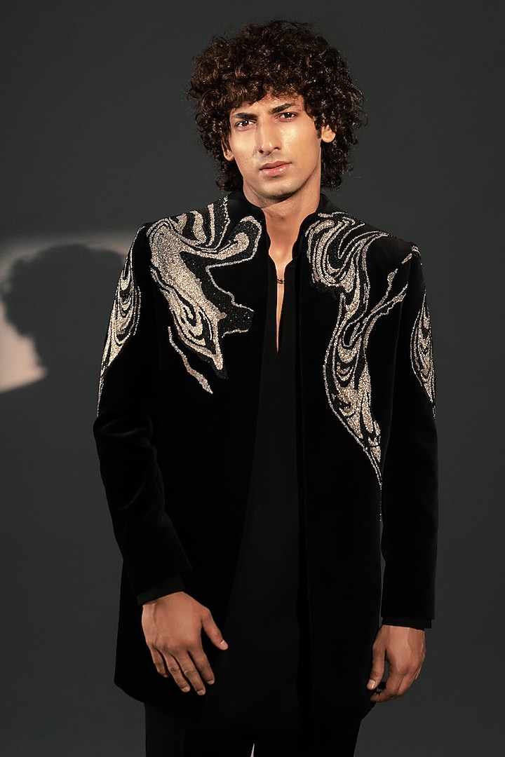 Black Velvet Wedding Indowestern by Rohit Doshi at Pernia's Pop Up Shop