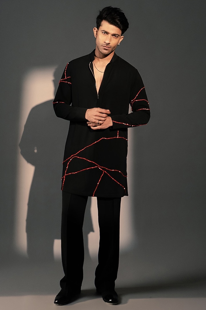 Black Imported Polyester Kurta by Rohit Doshi at Pernia's Pop Up Shop