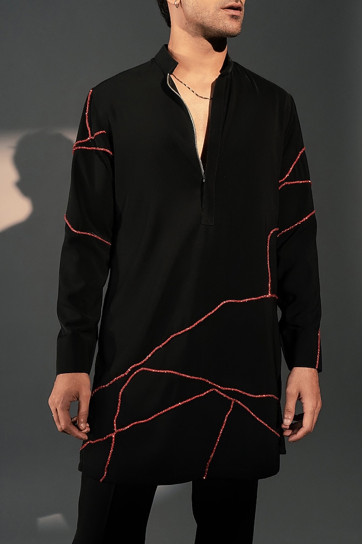 Black Imported Polyester Kurta by Rohit Doshi at Pernia's Pop Up Shop