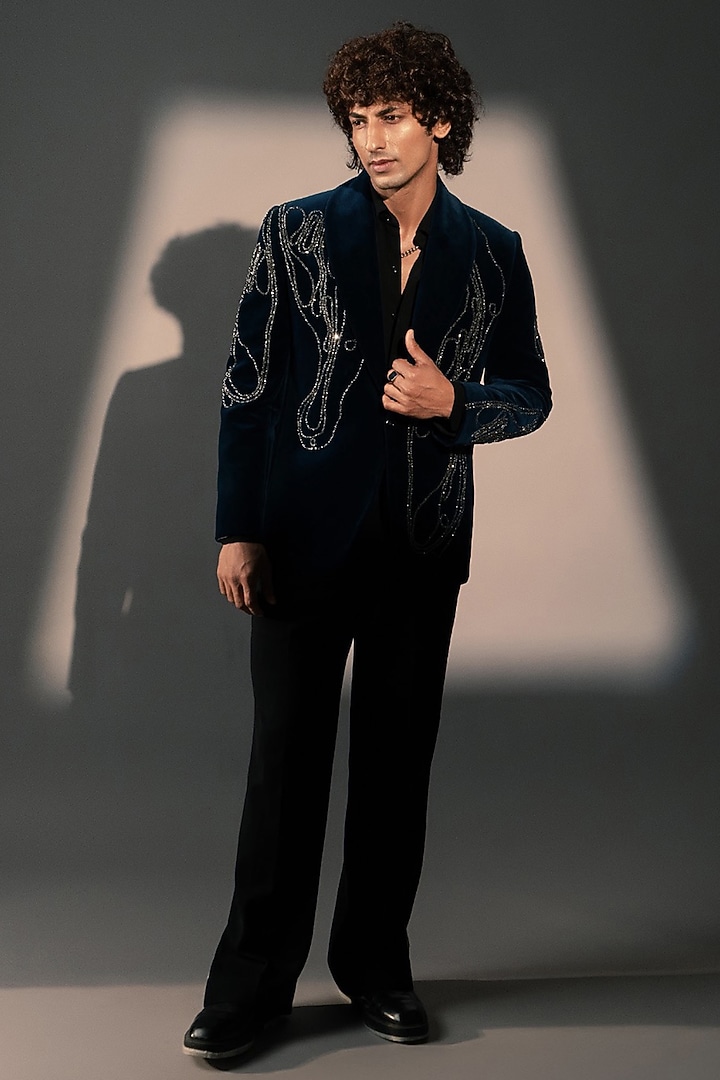 Teal Blue Italian Velvet Tuxedo by Rohit Doshi at Pernia's Pop Up Shop