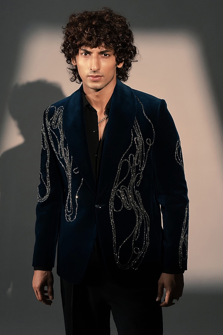 Teal Blue Italian Velvet Tuxedo by Rohit Doshi at Pernia's Pop Up Shop