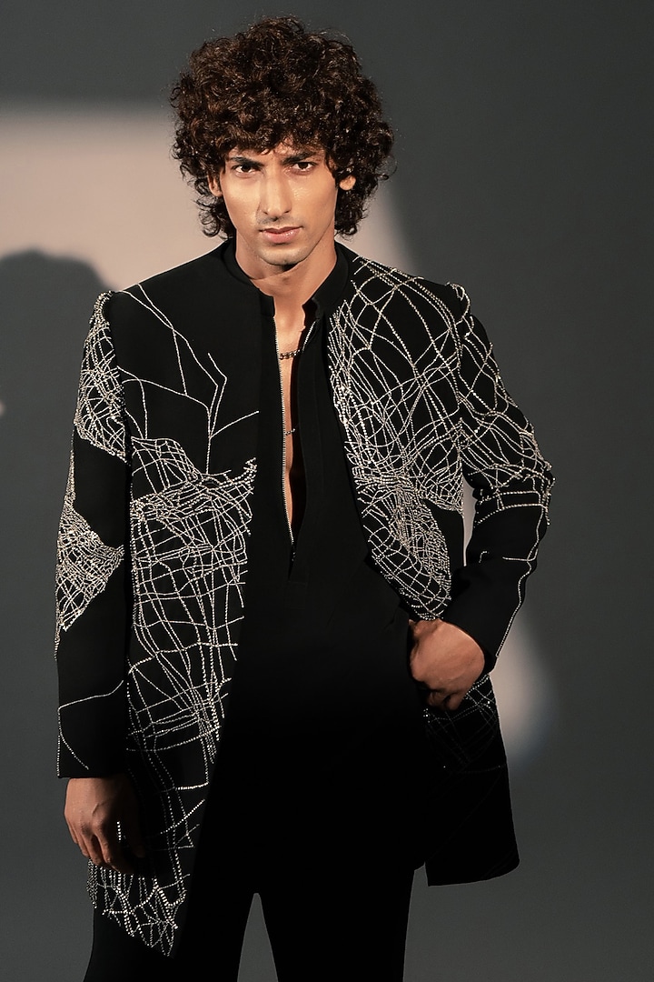 Black Imported Polyester Wedding Indowestern by Rohit Doshi at Pernia's Pop Up Shop