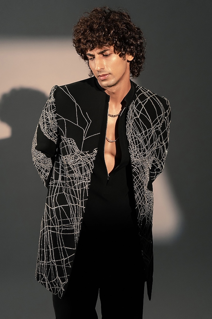 Black Imported Polyester Wedding Indowestern by Rohit Doshi at Pernia's Pop Up Shop